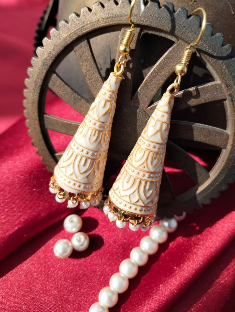 Gemzoid Indian Meena Kari Jhumki Off White 3 Inch Traditional Bridal Earrings