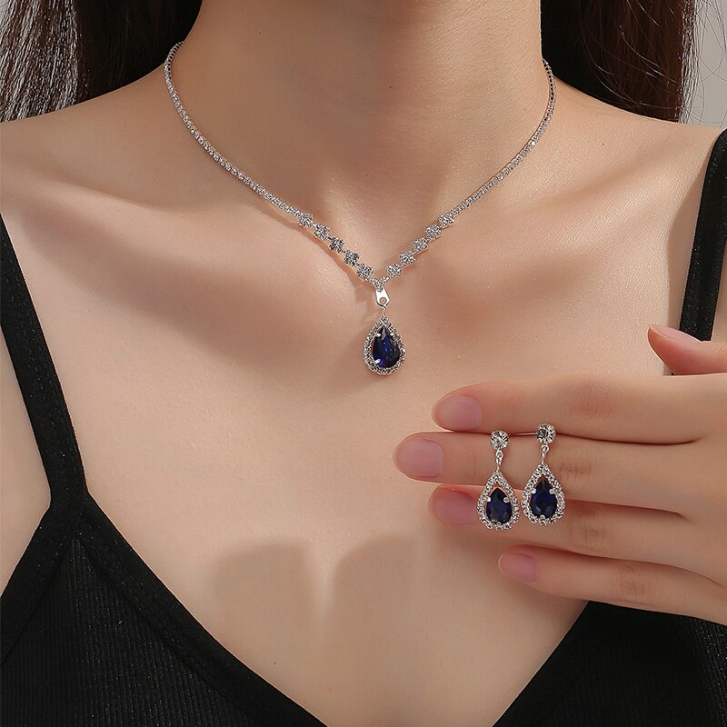 Elegant Blue Crystal Teardrop Necklace and Earrings Set