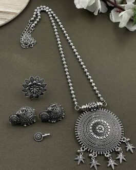 Oxidised German Silver Tribal Mandala Style Necklace Set with Jhumki Earrings, Ring, and Nose Pin